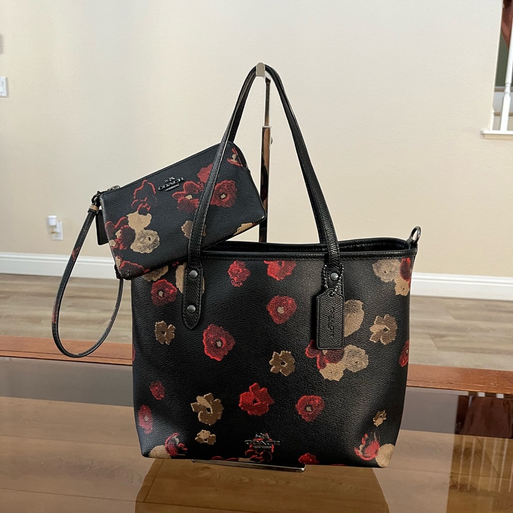 Coach Floral Black Tote Bag with Pouch